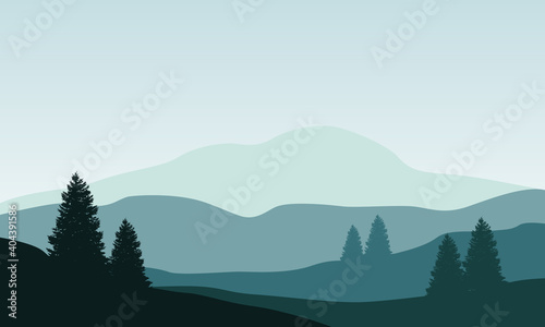 Beautiful view of trees and mountains in the morning on the edge of town. Vector illustration