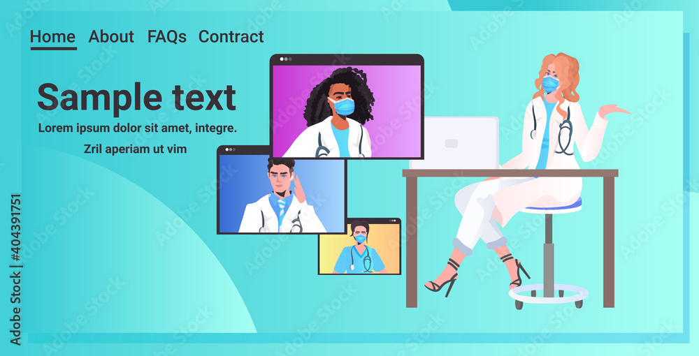 doctor in mask using laptop discussing with mix race colleagues during video call online consultation virtual conference coronavirus pandemic concept horizontal copy space vector illustration