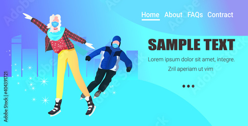 people in masks skating on ice rink man woman having fun coronavirus quarantine concept full length horizontal copy space vector illustration