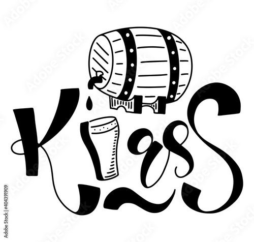 Kvass vector illustration with black lettering. Calligraphy with doodle glass and barrel isolated on white background