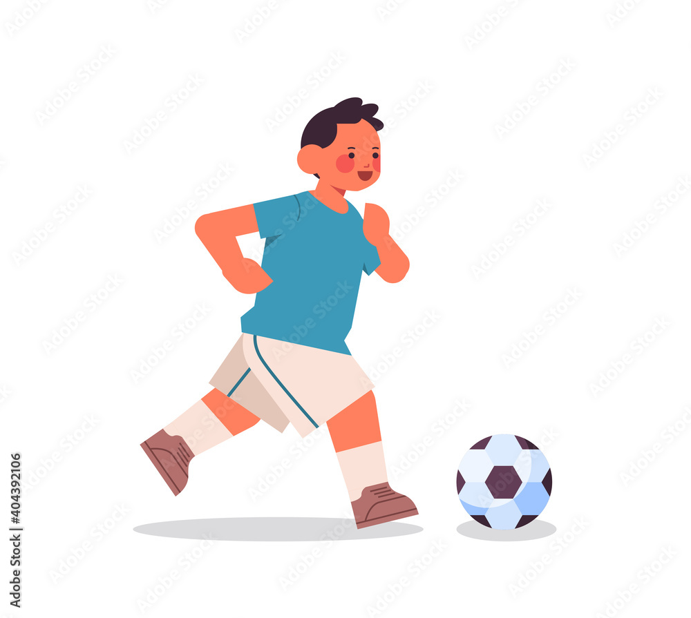 little boy playing football healthy lifestyle childhood concept full length isolated vector illustration
