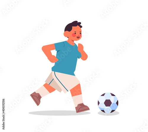 little boy playing football healthy lifestyle childhood concept full length isolated vector illustration