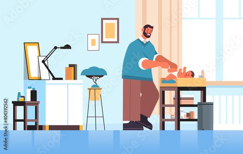 young father changing diaper to his little son fatherhood parenting concept dad spending time with his baby at home living room interior full length horizontal vector illustration