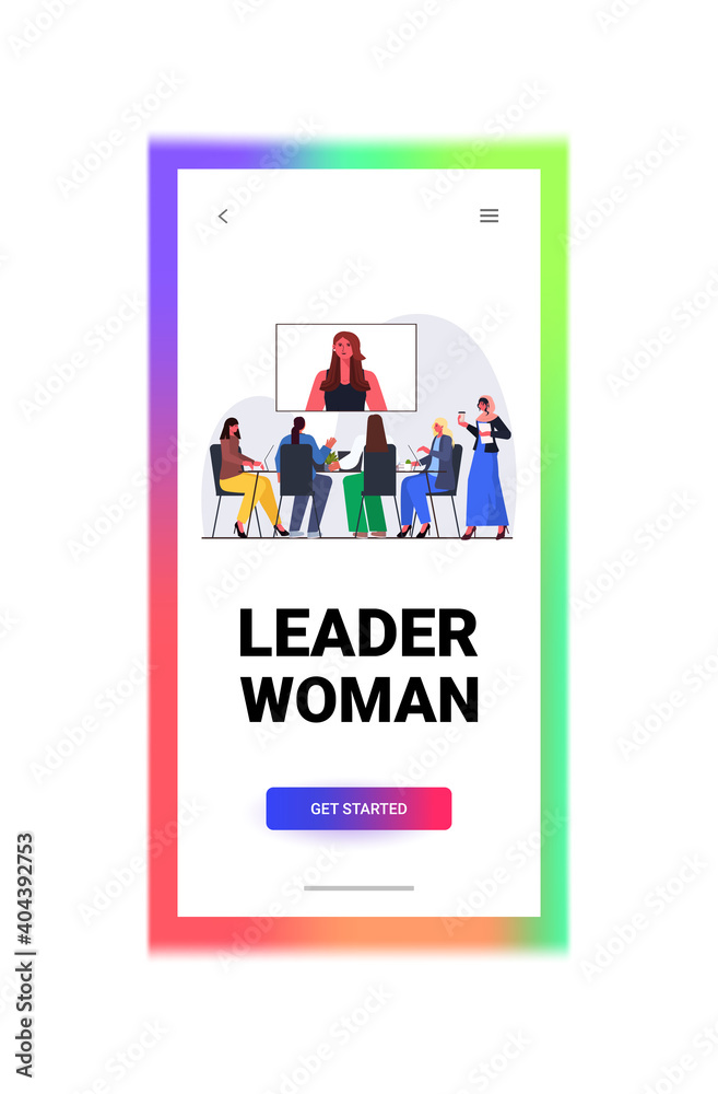businesspeople having online conference meeting business women discussing with leader woman during video call full length copy space vertical vector illustration businesspeople having online conference meeting business women discussing with leader woman during video call full length copy space vertical vector illustration