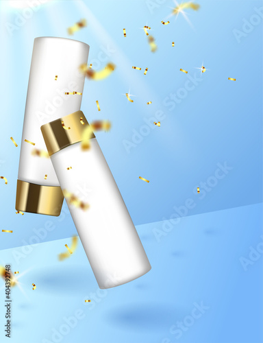 Two tubes fly in the air, levitation, cosmetics on a blue background, realistic trend vector.