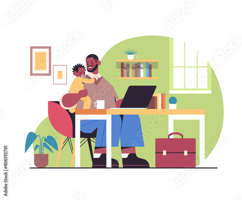 african american father sitting at workplace with little son fatherhood parenting concept dad spending time with his kid at home living room interior horizontal full length vector illustration
