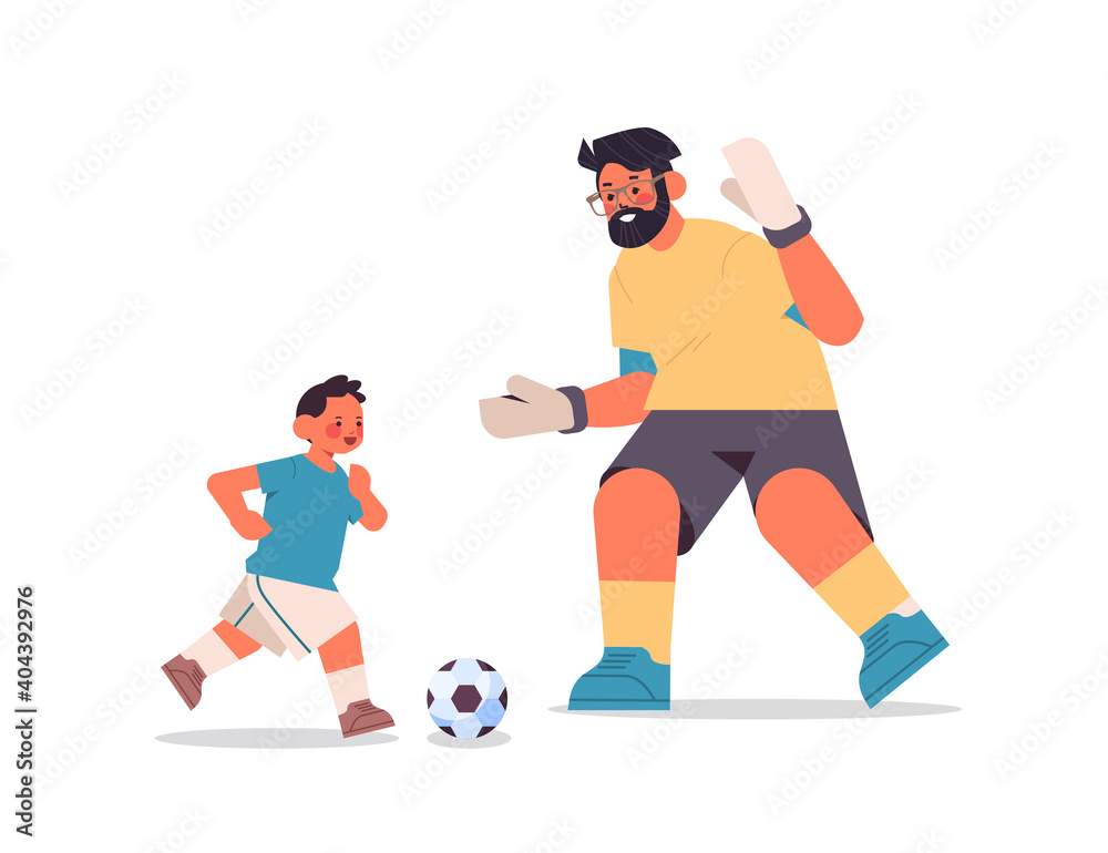 young father playing football with son parenting fatherhood concept dad spending time with his kid full length horizontal vector illustration