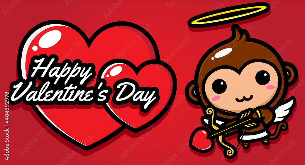 Cute monkey cupid character design, archery love arrow on valentines day greeting card