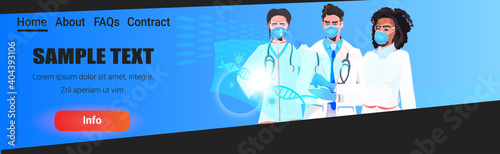 mix race doctors in masks and protective suits holding bottle with coronavirus vaccine fight against covid-19 concept portrait horizontal copy space vector illustration