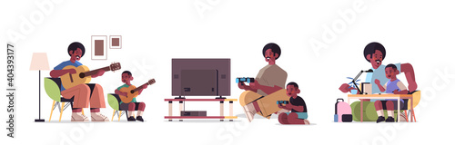 set father spending time with little son parenting fatherhood friendly family concept african american dad having fun with his kid full length horizontal vector illustration