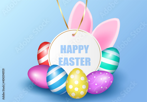 Painted multicolored beautiful Easter eggs in the air on pedestals, catwalks and pink bunny ears. Postcard for the day of light Easter.