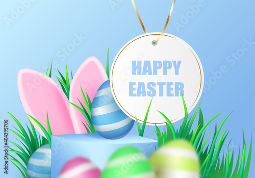 Painted colorful beautiful Easter eggs in the air on pedestals, podiums and pink rabbit ears, the grass is green. Postcard for the day of light Easter