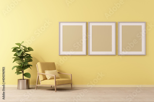 3d rendering of mock up Interior design for living room with picture frame on yellow wall © jarnbeer19
