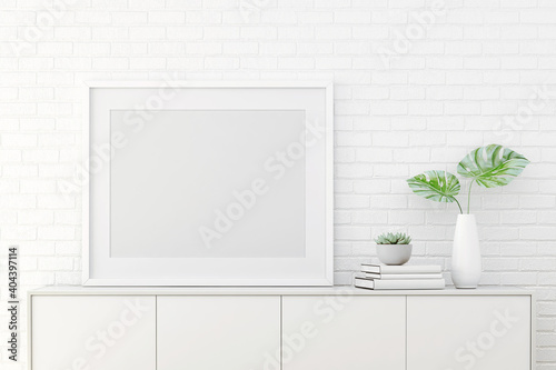 Fototapeta Naklejka Na Ścianę i Meble -  3d rendering of mock up Interior design for living room with picture frame on white wall