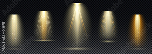 Gold spotlight. Bright lighting with spotlights of the stage on transparent background.