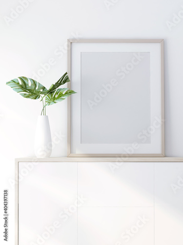 3d rendering of mock up Interior design for living room with picture frame on white wall