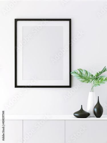 3d rendering of mock up Interior design for living room with picture frame on white wall