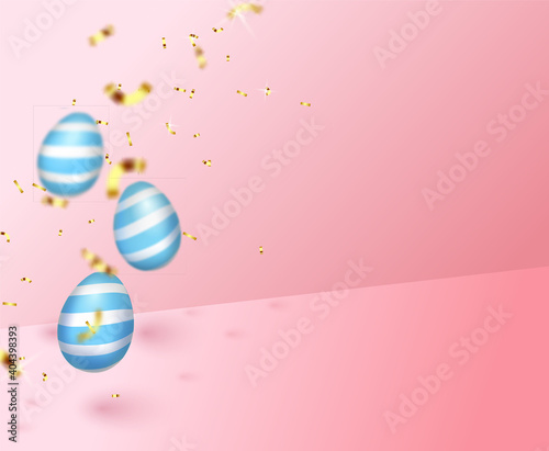 Levitation of blue beautiful Easter eggs in the air on a pink background. place for text. Postcard for the day of light Easter.