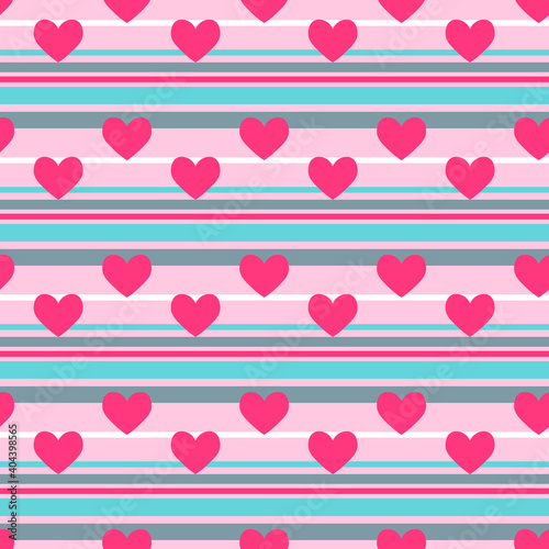 Striped pattern and hearts. Festive drawing for valentines day, birthday and holidays. Vector illustration in pink and blue colors. For gift wrapping, decor, scrapbooking, fabric.