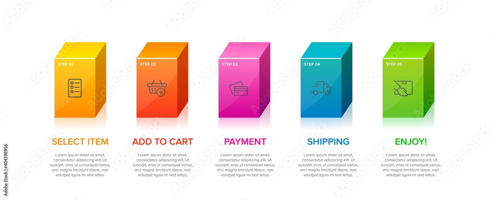 Concept of shopping process with 5 successive steps. Five colorful graphic elements. Timeline design for brochure, presentation, web site. Infographic design layout. Concept of shopping process with 5 successive steps. Five colorful graphic elements. Timeline design for brochure, presentation, web site. Infographic design layout.