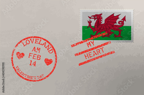 Postage stamp envelope with Wales flag and Valentines Day stamps, vector