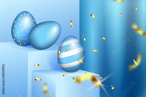 blue beautiful Easter eggs in the air on pedestals, podiums. Postcard for the day of light Easter and glitter .