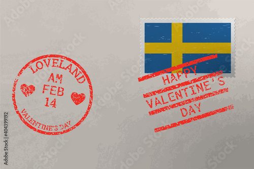 Postage stamp envelope with Sweden flag and Valentines Day stamps, vector