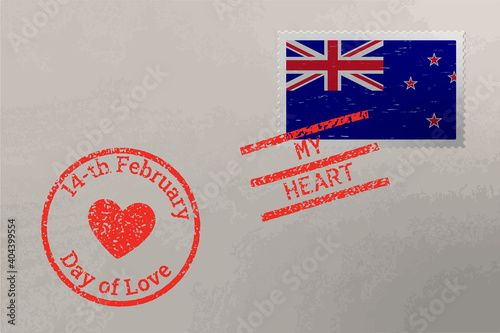 Postage stamp envelope with New Zealand flag and Valentines Day stamps, vector