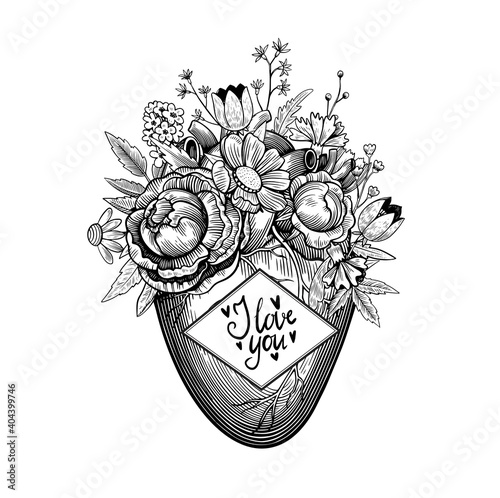 Vintage illustration of heart with flowers and ribbon in tattoo engraving style with lettering quote. 