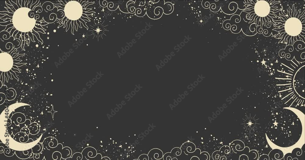 Cartoon background for astrology, tarot, magic and esotericism. Smooth 4K video rendering. Animation of a crescent moon with a face and a sun on a black sky background with stars