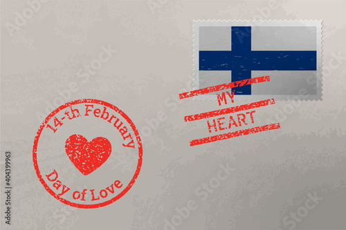 Postage stamp envelope with Finland flag and Valentines Day stamps, vector