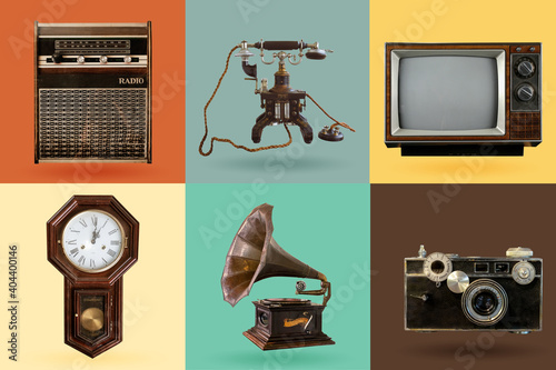 Vintage electrical and electronic appliances set. Nostalgic collectibles from the past 1960s - 1970s. objects isolated on retro color palette with clipping path. photo