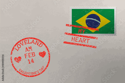 Postage stamp envelope with Brazil flag and Valentines Day stamps, vector