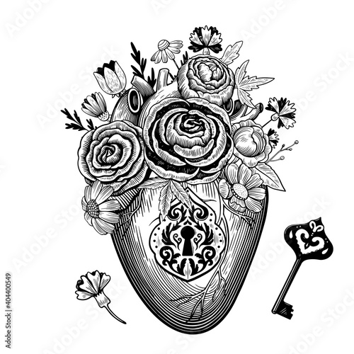 Vintage composition of heart with flowers, retro keyhole and key in engraving style. Black and white vector drawing.
