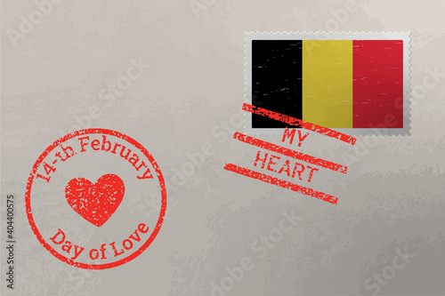 Postage stamp envelope with Belgium flag and Valentines Day stamps, vector
