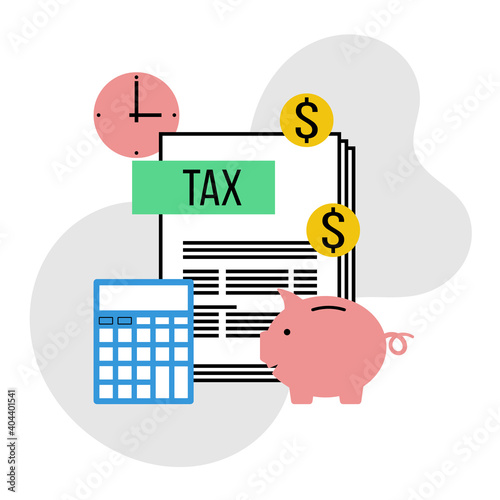 tax application form with piggy bank and calculator, thin line vector illustration