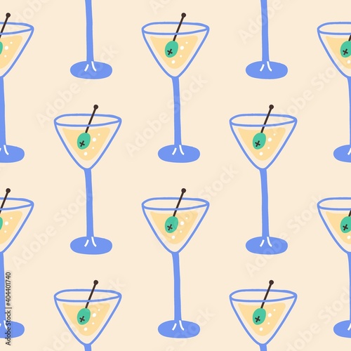 Martini cocktail seamless pattern. Hand drawn red alcoholic beverage, minimal style bar drink decoration, doodle trendy vector decor textile, wrapping paper wallpaper, print or fabric