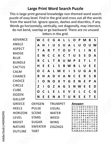 Large print general knowledge word search puzzle (words ADVANCE - ZIGZAGS). Answer included.