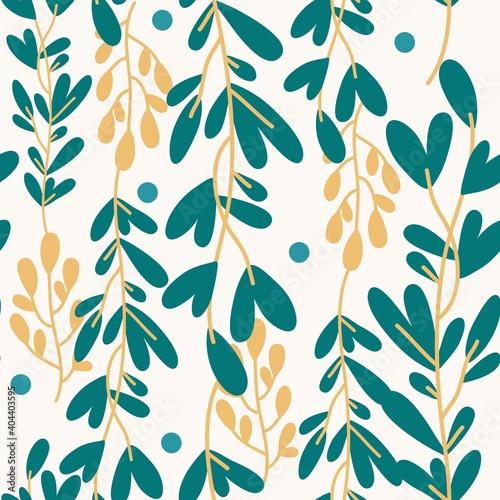 Vegetable seamless vector pattern of colorful branches and leaves on a beige background