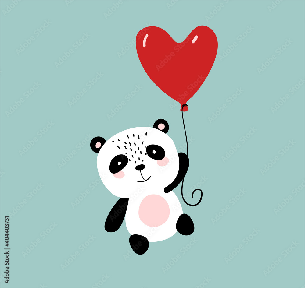 Fototapeta premium Cute panda flying on a heart shaped balloon, simple flat cartoon illustration for birthday, baby shower, valentine day. Vector