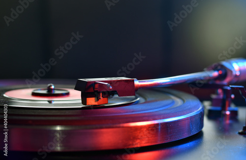 Close up of turntable neede on a vinyl record