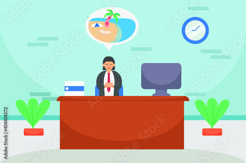 Businesswoman working and dreaming about vacation on a beach.