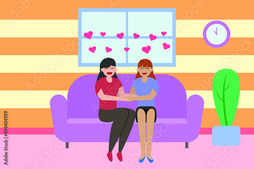 LGBT vector concept: Lesbian couple dating at home while sitting on the sofa 