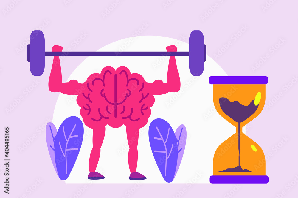 Fototapeta premium Exercise vector concept: Brain doing exercise with dumbbell and hourglass