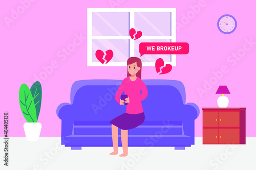 Sadness vector concept: Young woman crying on the sofa while looking at her mobile phone at home 