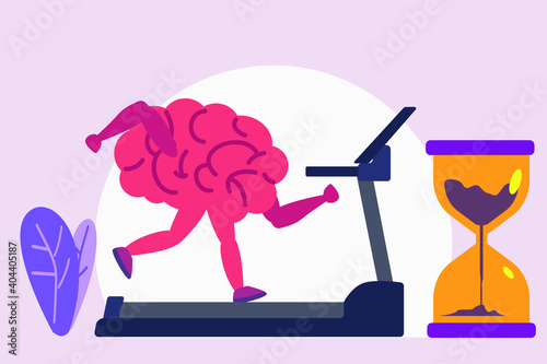 Exercise vector concept: Brain doing workout while running on the treadmill with hourglass
