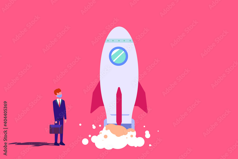 Businessman in face mask looking at startup rocket launching. Business startup vector concept. Businessman in face mask looking at startup rocket launching. Business startup vector concept.