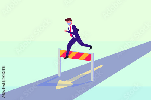 Businessman jumping over obstacles like hurdle race while wearing face mask. Overcome obstacle vector concept