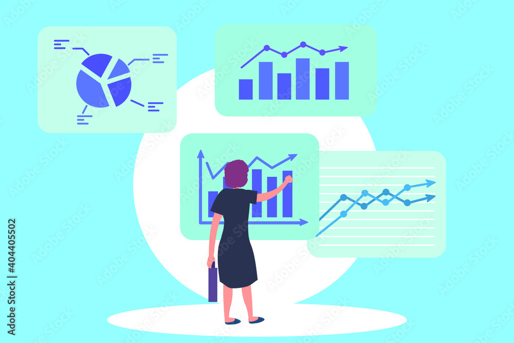 Businesswoman working with financial graph on virtual screen for data analysis. Data analysis vector concept Businesswoman working with financial graph on virtual screen for data analysis. Data analysis vector concept