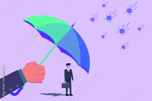 Hand using an umbrella for covering a male insurance agent in face mask facing virus. Insurance vector concept.